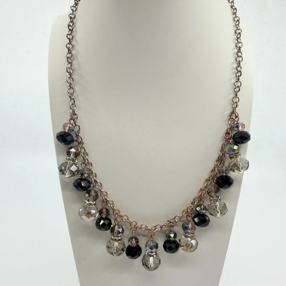 Vintage Silver Tone Black Clear Crystal Dangle Necklace Bib Fringe Statement 90s